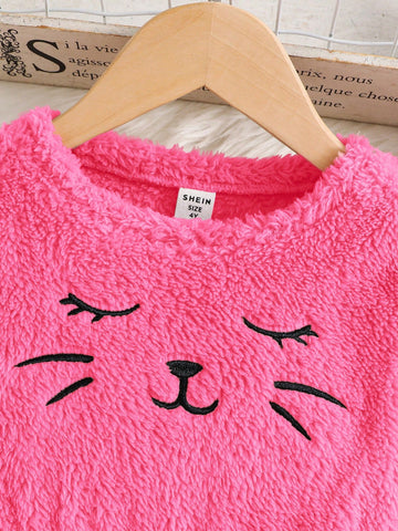 Young Girl Knit Solid Color Fluffy Embroidered Kitten Pattern Fitted Waist Casual Dress,Casual Preppy Style, Suitable For Autumn/Winter