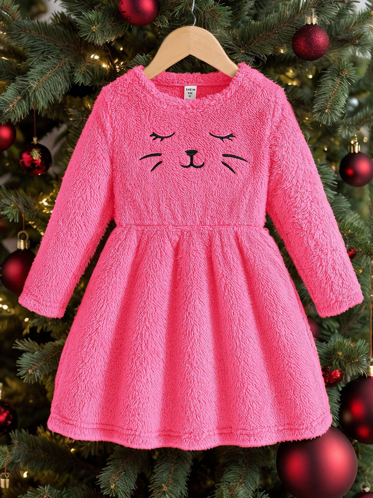 Young Girl Knit Solid Color Fluffy Embroidered Kitten Pattern Fitted Waist Casual Dress,Casual Preppy Style, Suitable For Autumn/Winter