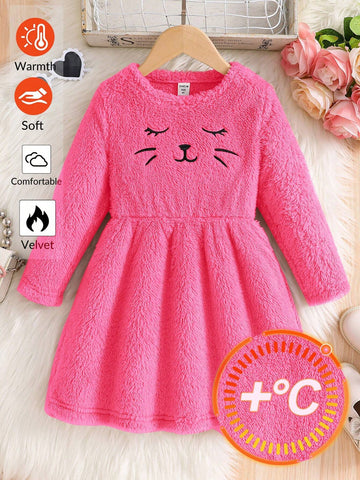 Young Girl Knit Solid Color Fluffy Embroidered Kitten Pattern Fitted Waist Casual Dress,Casual Preppy Style, Suitable For Autumn/Winter