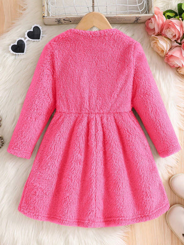 Young Girl Knit Solid Color Fluffy Embroidered Kitten Pattern Fitted Waist Casual Dress,Casual Preppy Style, Suitable For Autumn/Winter