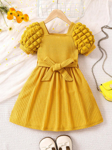 Young Girl Knitted Bubble Sleeve Casual Dress