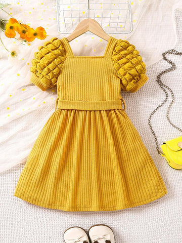 Young Girl Knitted Bubble Sleeve Casual Dress