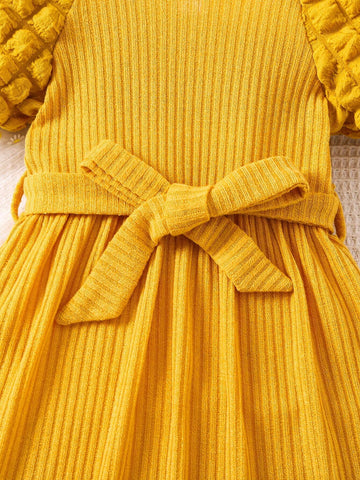 Young Girl Knitted Bubble Sleeve Casual Dress