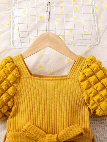 Young Girl Knitted Bubble Sleeve Casual Dress