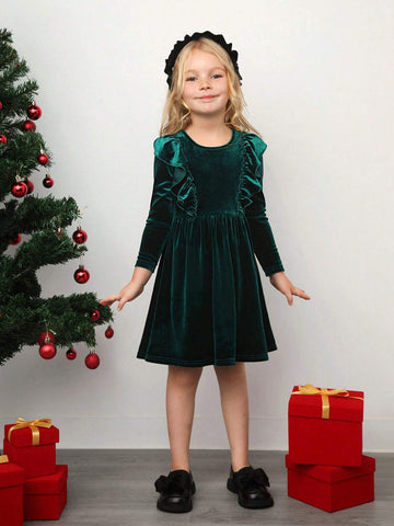 Young Girl Knitted Clean Ink Green Ruffled Round Neck Fit Casual Dress, Christmas Dress,Suitable For Autumn And Winter