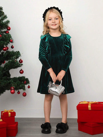 Young Girl Knitted Clean Ink Green Ruffled Round Neck Fit Casual Dress, Christmas Dress,Suitable For Autumn And Winter