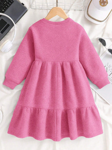 Young Girl Knitted Clear Color Round Neck Letter Pattern Loose Casual Dress,Suitable For Autumn/Winter