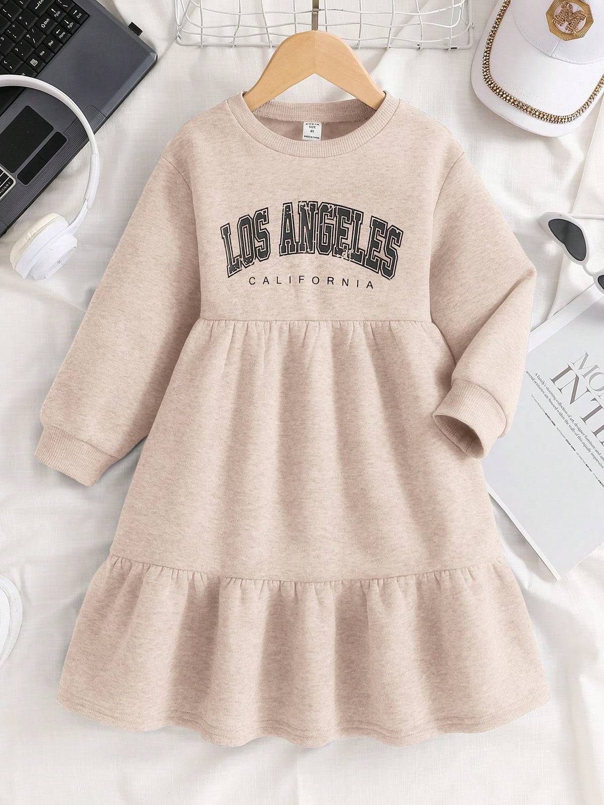 Young Girl Knitted Clear Color Round Neck Letter Pattern Loose Casual Dress,Suitable For Autumn/Winter