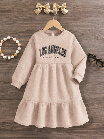 Young Girl Knitted Clear Color Round Neck Letter Pattern Loose Casual Dress,Suitable For Autumn/Winter
