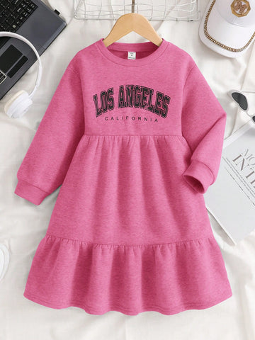 Young Girl Knitted Clear Color Round Neck Letter Pattern Loose Casual Dress,Suitable For Autumn/Winter