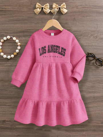 Young Girl Knitted Clear Color Round Neck Letter Pattern Loose Casual Dress,Suitable For Autumn/Winter