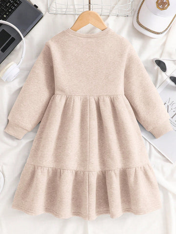 Young Girl Knitted Clear Color Round Neck Letter Pattern Loose Casual Dress,Suitable For Autumn/Winter