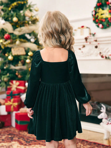 Young Girl Knitted Color Block Faux Fur Puff Sleeve Casual Holiday Christmas Dress