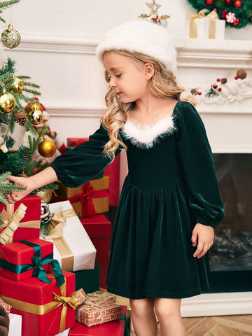 Young Girl Knitted Color Block Faux Fur Puff Sleeve Casual Holiday Christmas Dress