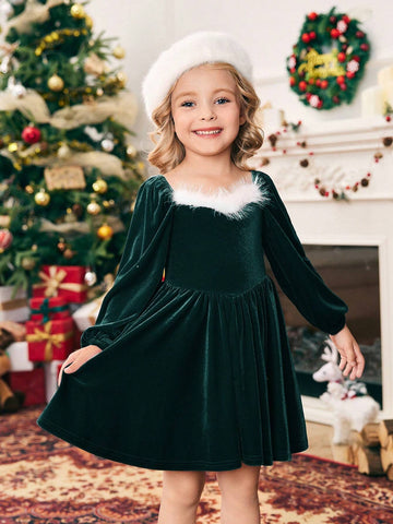 Young Girl Knitted Color Block Faux Fur Puff Sleeve Casual Holiday Christmas Dress