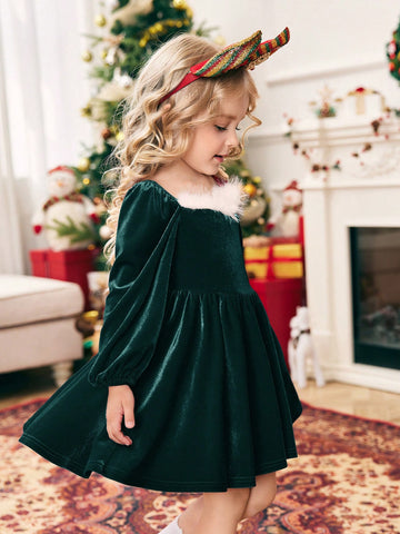 Young Girl Knitted Color Block Faux Fur Puff Sleeve Casual Holiday Christmas Dress