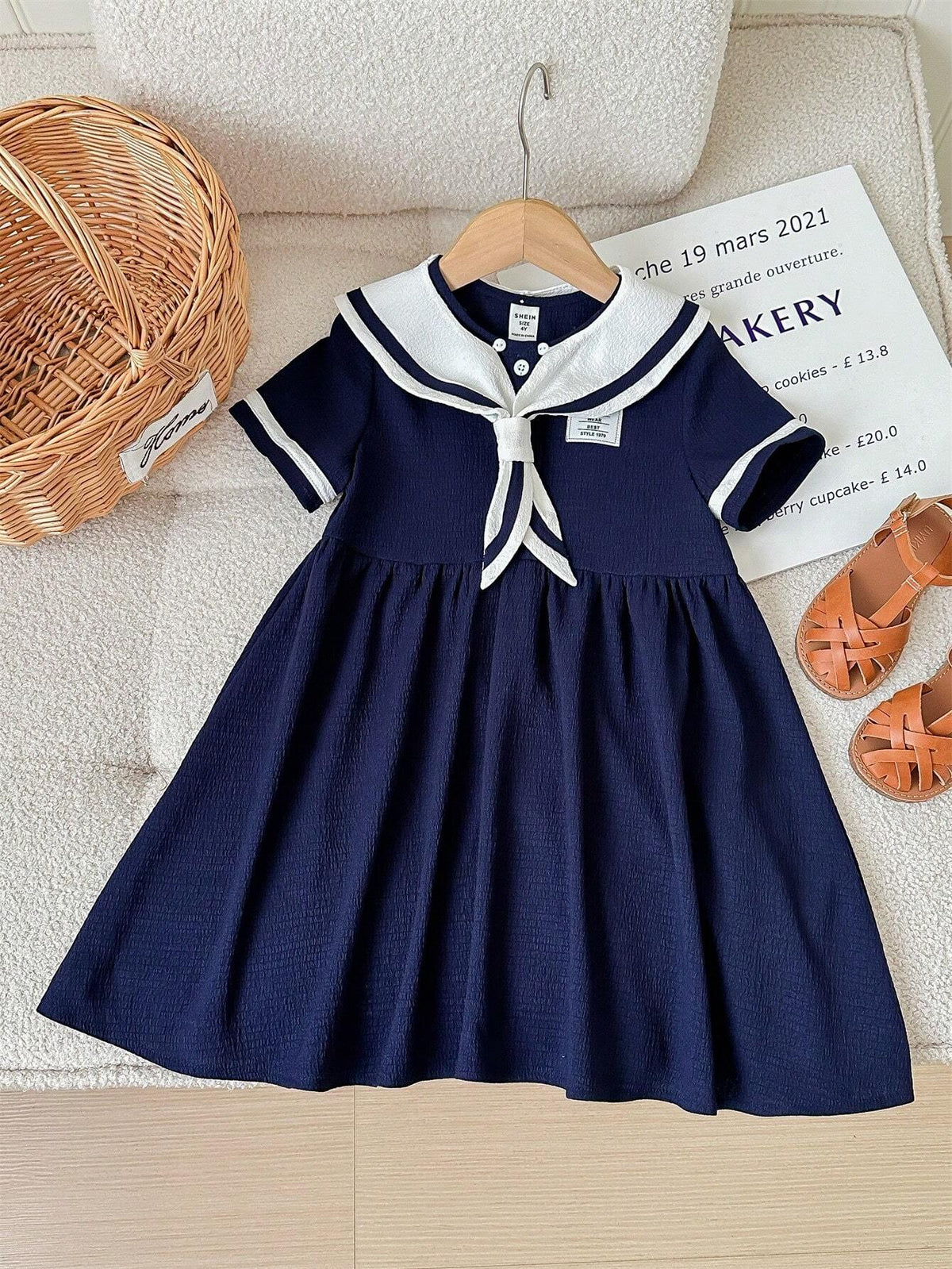 Young Girl Knitted Color Block Sailor Collar Casual One-Piece Dress