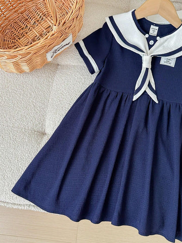 Young Girl Knitted Color Block Sailor Collar Casual One-Piece Dress