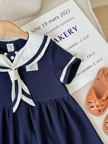 Young Girl Knitted Color Block Sailor Collar Casual One-Piece Dress