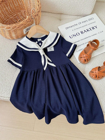 Young Girl Knitted Color Block Sailor Collar Casual One-Piece Dress