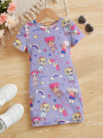 Young Girl Knitted Cute Girl Pattern Round Neck Fitted Casual Dress