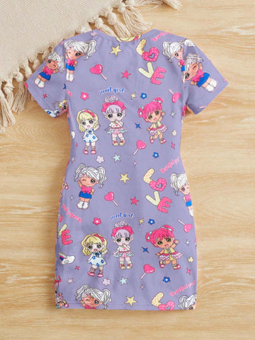 Young Girl Knitted Cute Girl Pattern Round Neck Fitted Casual Dress