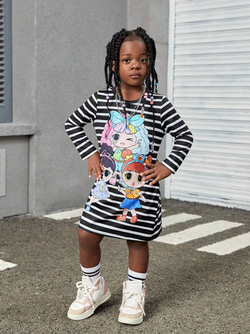 Young Girl Knitted Cute Girl Stripe Pattern Integrated Casual Round Neck Dress