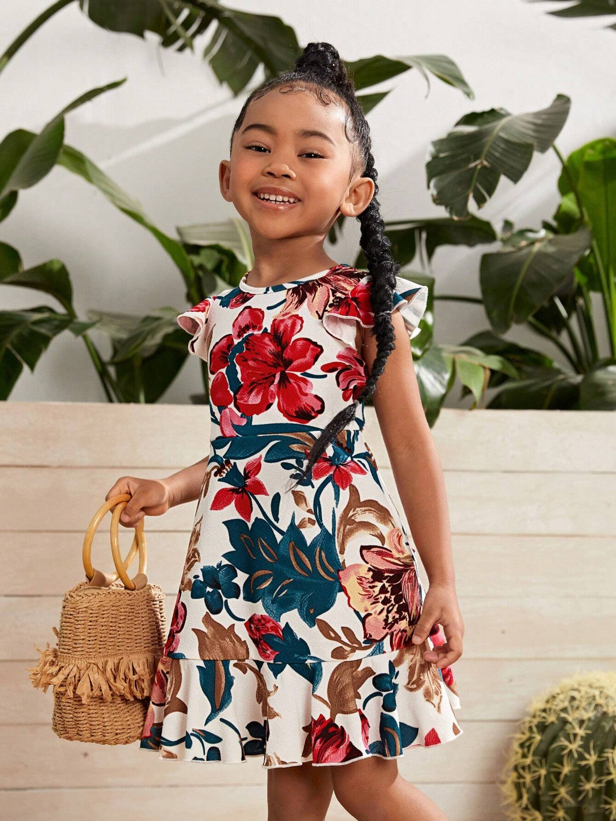 Young Girl Knitted Delicate Elegant Flower Printed Ruffle Hem Short Sleeve Dress