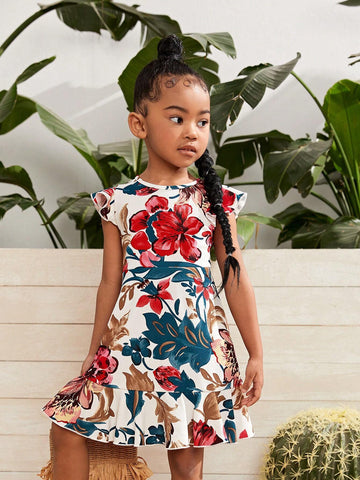 Young Girl Knitted Delicate Elegant Flower Printed Ruffle Hem Short Sleeve Dress