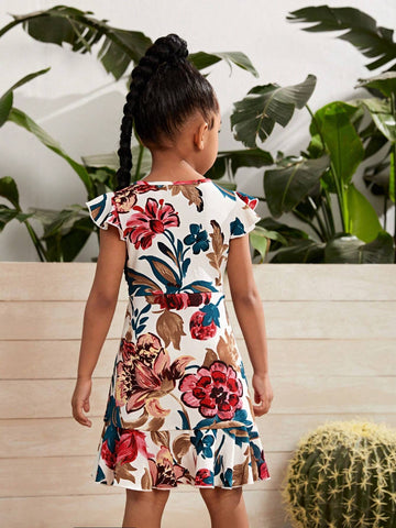 Young Girl Knitted Delicate Elegant Flower Printed Ruffle Hem Short Sleeve Dress