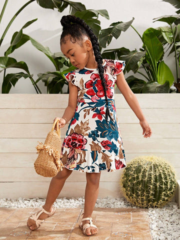 Young Girl Knitted Delicate Elegant Flower Printed Ruffle Hem Short Sleeve Dress