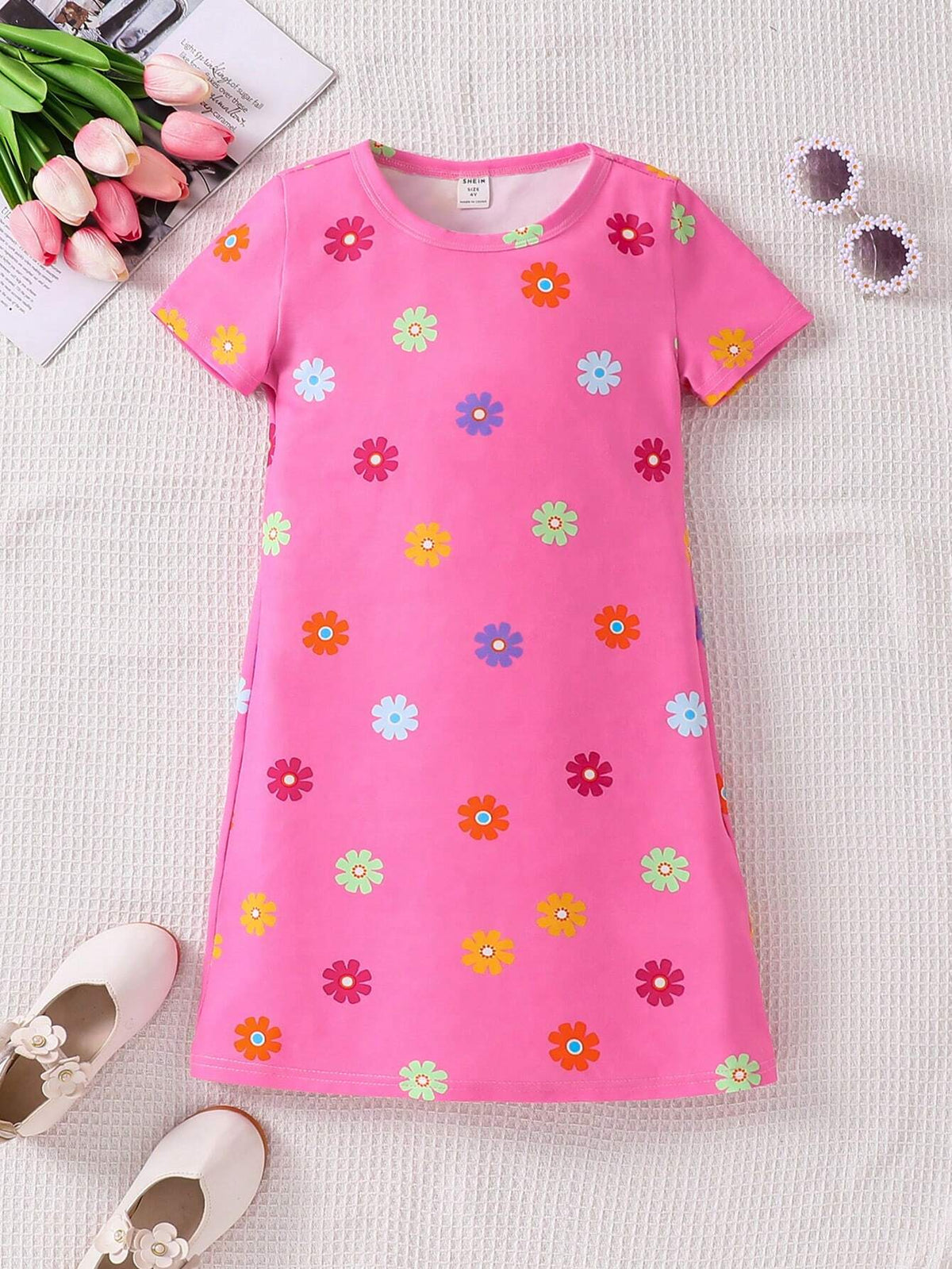 Young Girl Knitted Floral Round Neck Bodycon Casual Dress