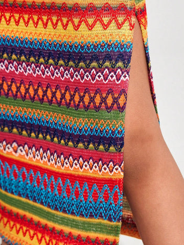 Young Girl Knitted Jacquard Round-Neck Sleeveless Bodycon Casual Dress