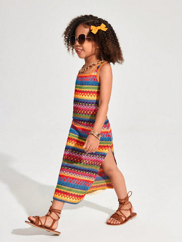 Young Girl Knitted Jacquard Round-Neck Sleeveless Bodycon Casual Dress