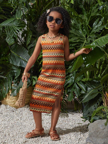 Young Girl Knitted Jacquard Round Neck Sleeveless Fitted Casual Dress
