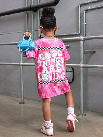 Young Girl Knitted Letter Pattern Loose Fit Casual Dress With Round Neck