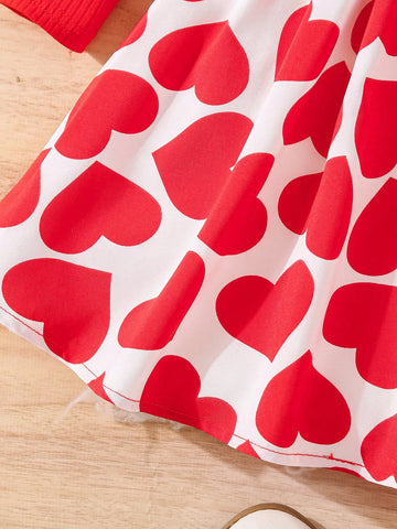 Young Girl Knitted Patchwork Heart Print Dress, Great For Casual & Daily Wear & School Daily In Spring And Autumn