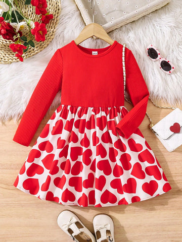 Young Girl Knitted Patchwork Heart Print Dress, Great For Casual & Daily Wear & School Daily In Spring And Autumn