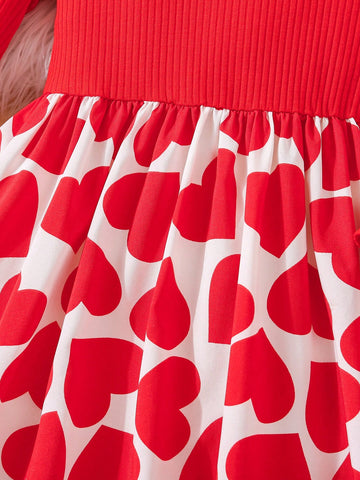 Young Girl Knitted Patchwork Heart Print Dress, Great For Casual & Daily Wear & School Daily In Spring And Autumn