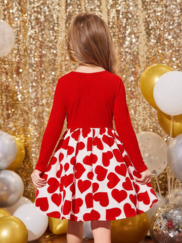 Young Girl Knitted Patchwork Heart Print Dress, Great For Casual & Daily Wear & School Daily In Spring And Autumn