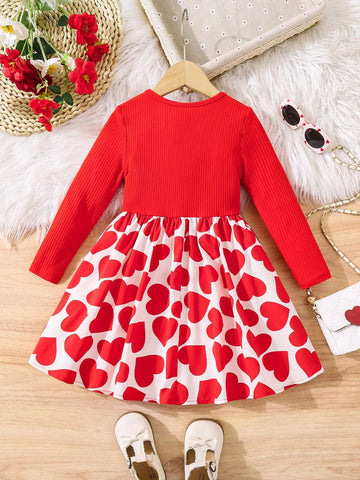 Young Girl Knitted Patchwork Heart Print Dress, Great For Casual & Daily Wear & School Daily In Spring And Autumn
