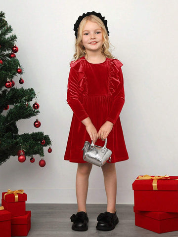 Young Girl Knitted Ruffled Round Neck Fit Casual Dress, Christmas Dress,Suitable For Autumn And Winter