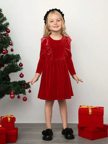Young Girl Knitted Ruffled Round Neck Fit Casual Dress, Christmas Dress,Suitable For Autumn And Winter