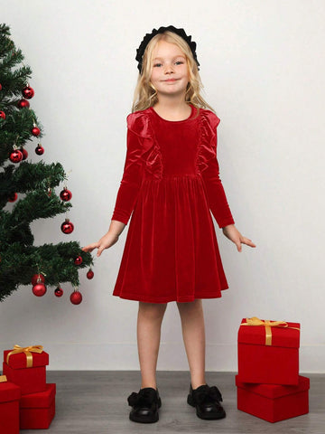 Young Girl Knitted Ruffled Round Neck Fit Casual Dress, Christmas Dress,Suitable For Autumn And Winter