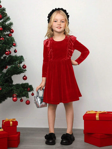 Young Girl Knitted Ruffled Round Neck Fit Casual Dress, Christmas Dress,Suitable For Autumn And Winter