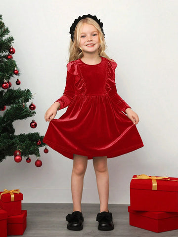 Young Girl Knitted Ruffled Round Neck Fit Casual Dress, Christmas Dress,Suitable For Autumn And Winter