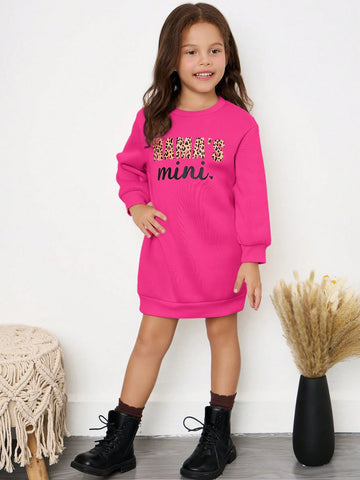 Young Girl Knitted Solid Color Letter Pattern Round Neck Loose Casual Dress,Vacation Style,Casual Preppy Style, Suitable For Autumn/Winter