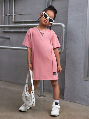 Young Girl Knitted Solid Color Round Neck Letter Pattern Loose Casual Dress