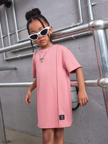 Young Girl Knitted Solid Color Round Neck Letter Pattern Loose Casual Dress