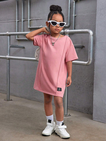 Young Girl Knitted Solid Color Round Neck Letter Pattern Loose Casual Dress